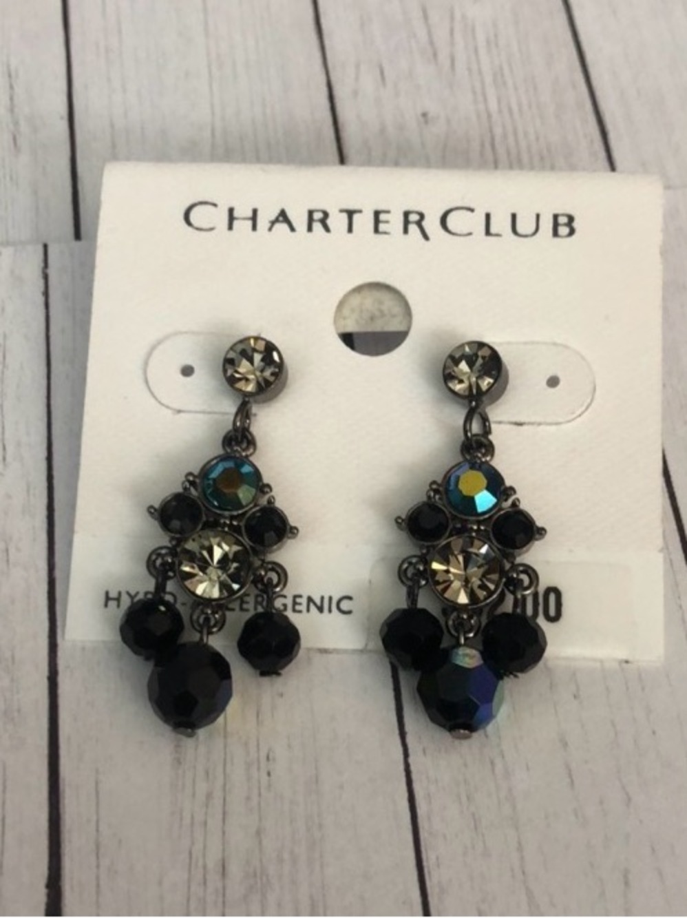 Charter Club Chandelier Earrings NWT Black & AB Black Swarvoski Crystals